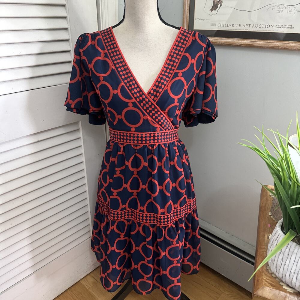 Gretchen Scott Dress Womens Small Blue Red Le Marais Dip Dot Dainty Coastal *